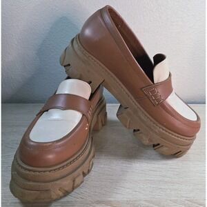 Alohas Chunky Platform Penny Loafers Brown Cream Leather Lug Sole Size 37 Spain‎